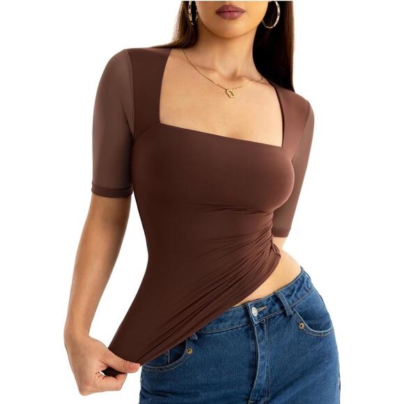 Sexy Square Neck Shirt Top Women’s Small Double Lined Half Mesh Sleeve Brown NEW - Picture 3 of 3